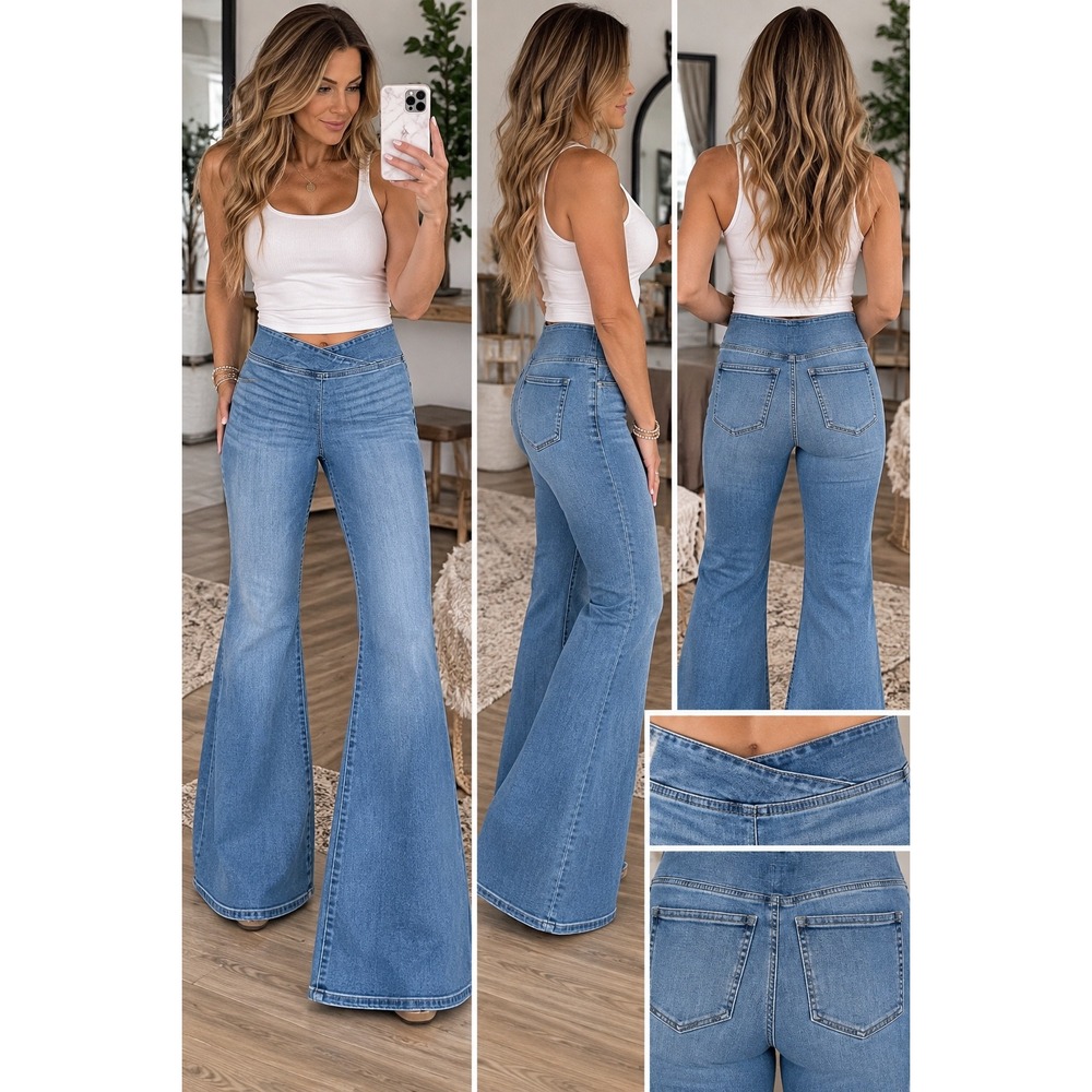 Aeropostale Womens Crossover Waist Pull On Flare Jeans Medium Wash Size L NWT